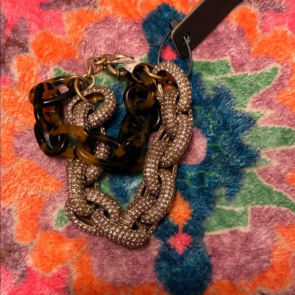 New! JCrew Chunky Rhinestone and Tortoiseshell Chain Bracelet - Picture 1 of 3